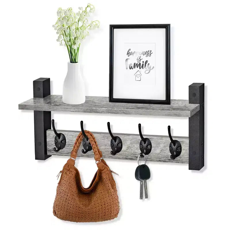 Étagère murale flottante Sorbus 40,6 cm avec 5 crochets robustes pour entrée, salle de bain, chambre, cuisine ou buanderie