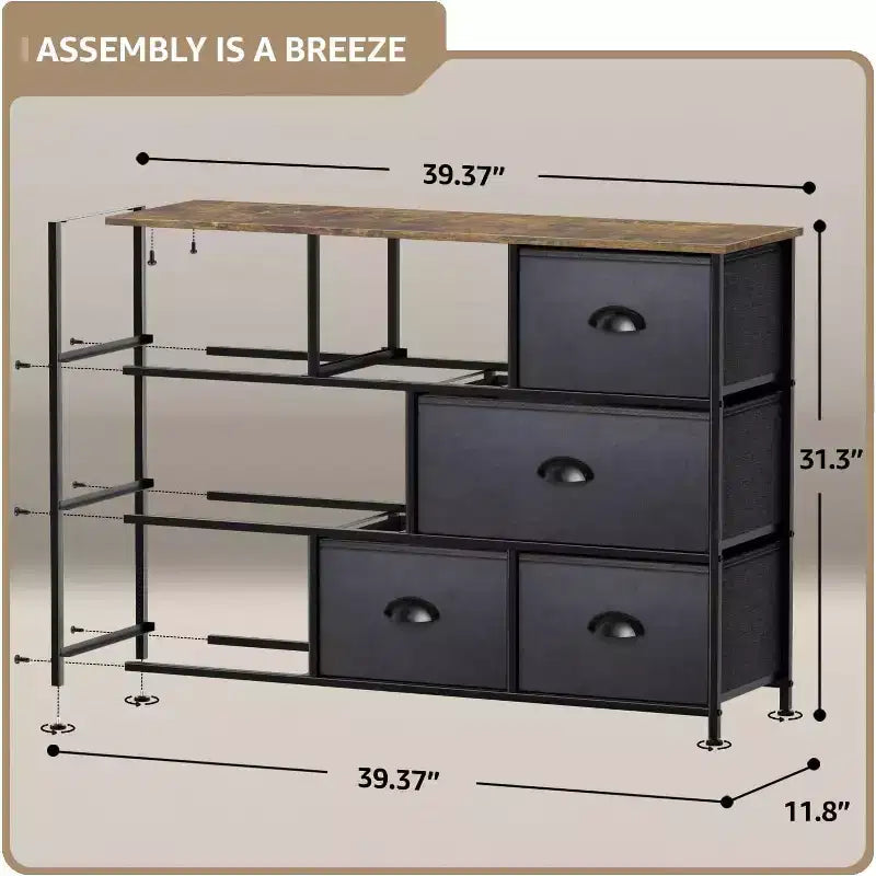 Commode large Sorbus à 8 tiroirs - Unité de rangement avec cadre en acier, plateau et poignée en bois, bacs en tissu - Idéale pour désencombrer la maison