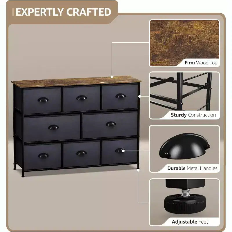 Commode large Sorbus à 8 tiroirs - Unité de rangement avec cadre en acier, plateau et poignée en bois, bacs en tissu - Idéale pour désencombrer la maison