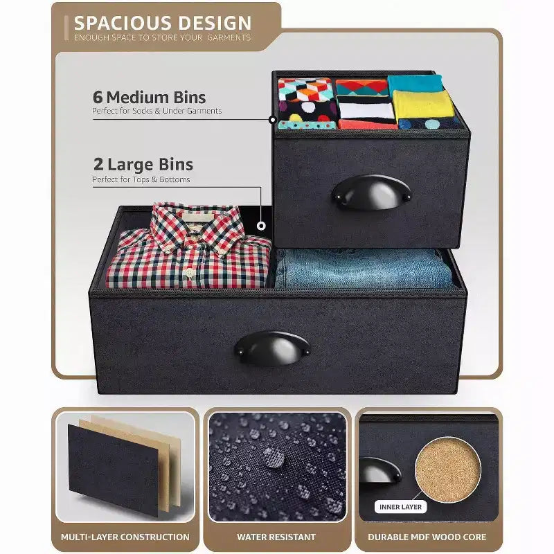 Commode large Sorbus à 8 tiroirs - Unité de rangement avec cadre en acier, plateau et poignée en bois, bacs en tissu - Idéale pour désencombrer la maison