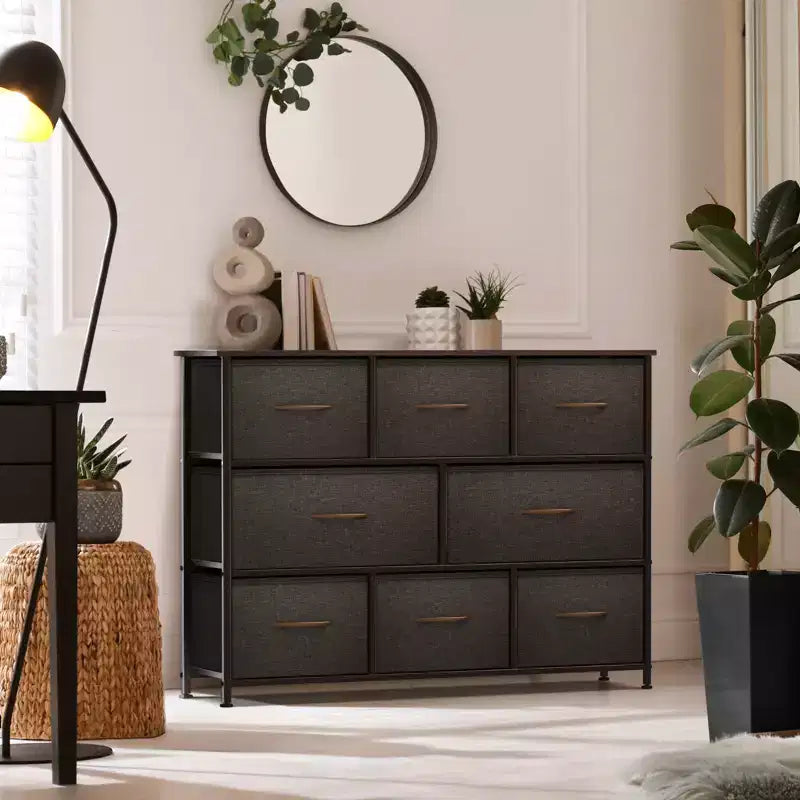 Commode large Sorbus à 8 tiroirs - Unité de rangement avec cadre en acier, plateau et poignée en bois, bacs en tissu - Idéale pour désencombrer la maison