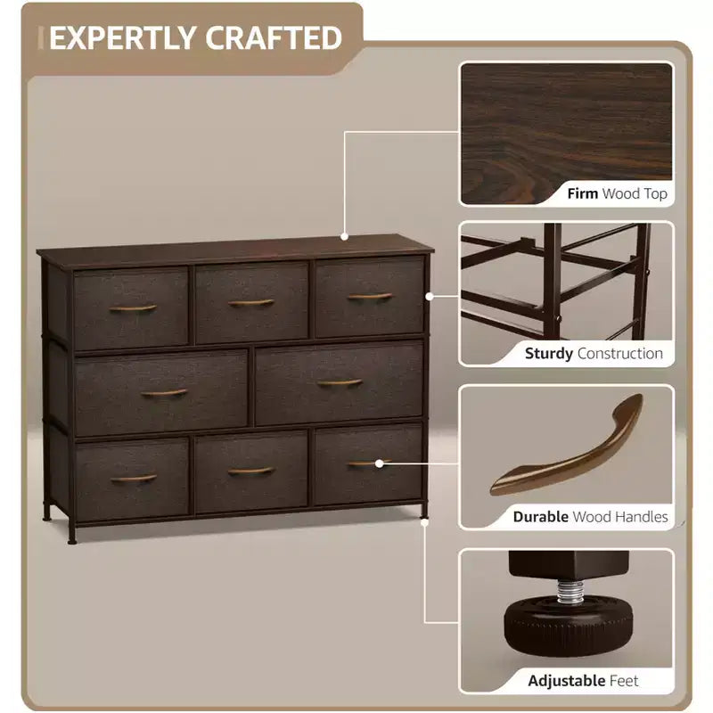 Commode large Sorbus à 8 tiroirs - Unité de rangement avec cadre en acier, plateau et poignée en bois, bacs en tissu - Idéale pour désencombrer la maison