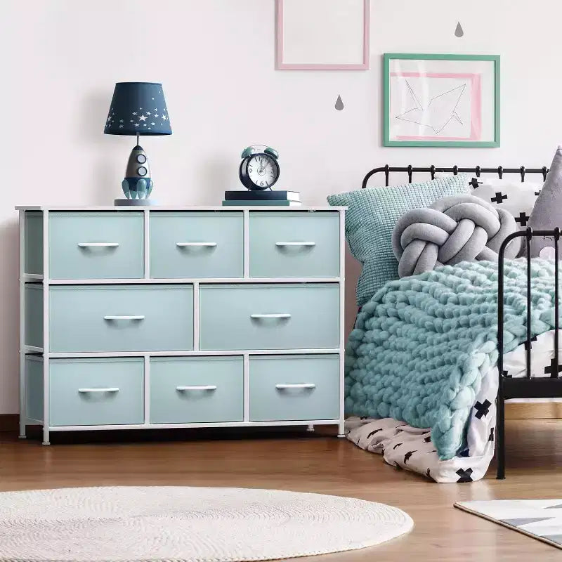 Commode large Sorbus à 8 tiroirs - Unité de rangement avec cadre en acier, plateau et poignée en bois, bacs en tissu - Idéale pour désencombrer la maison
