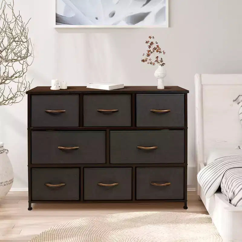 Commode large Sorbus à 8 tiroirs - Unité de rangement avec cadre en acier, plateau et poignée en bois, bacs en tissu - Idéale pour désencombrer la maison