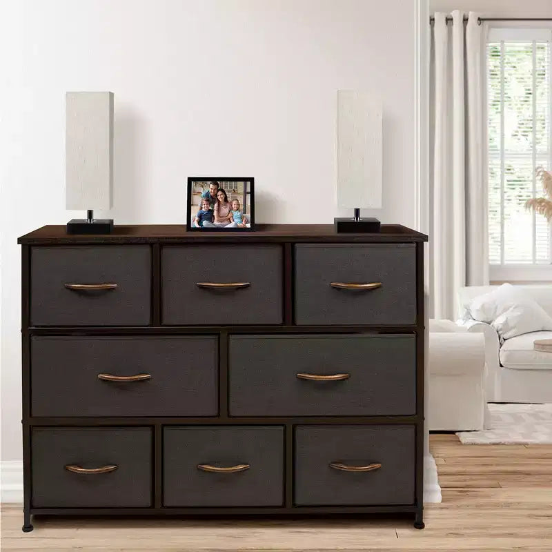 Commode large Sorbus à 8 tiroirs - Unité de rangement avec cadre en acier, plateau et poignée en bois, bacs en tissu - Idéale pour désencombrer la maison