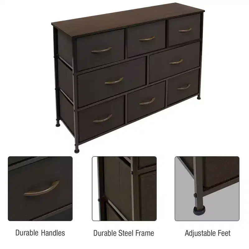 Commode large Sorbus à 8 tiroirs - Unité de rangement avec cadre en acier, plateau et poignée en bois, bacs en tissu - Idéale pour désencombrer la maison