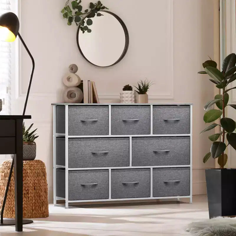 Commode large Sorbus à 8 tiroirs - Unité de rangement avec cadre en acier, plateau et poignée en bois, bacs en tissu - Idéale pour désencombrer la maison