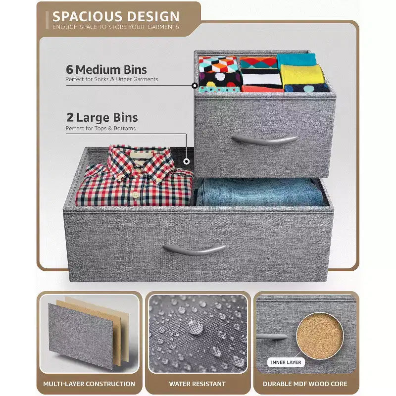 Commode large Sorbus à 8 tiroirs - Unité de rangement avec cadre en acier, plateau et poignée en bois, bacs en tissu - Idéale pour désencombrer la maison