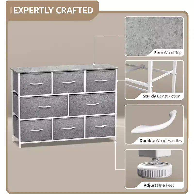 Commode large Sorbus à 8 tiroirs - Unité de rangement avec cadre en acier, plateau et poignée en bois, bacs en tissu - Idéale pour désencombrer la maison