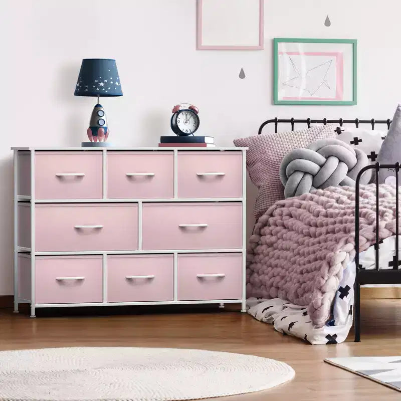 Commode large Sorbus à 8 tiroirs - Unité de rangement avec cadre en acier, plateau et poignée en bois, bacs en tissu - Idéale pour désencombrer la maison