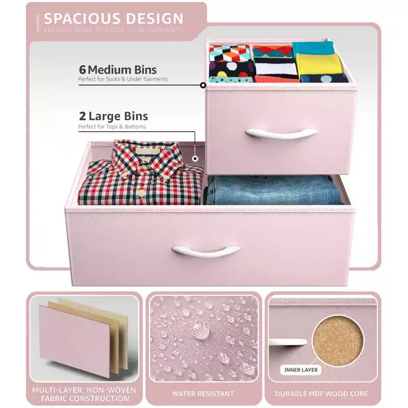 Commode large Sorbus à 8 tiroirs - Unité de rangement avec cadre en acier, plateau et poignée en bois, bacs en tissu - Idéale pour désencombrer la maison