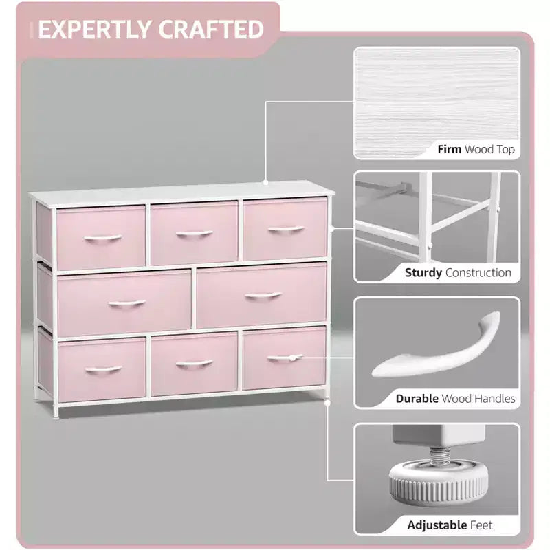 Commode large Sorbus à 8 tiroirs - Unité de rangement avec cadre en acier, plateau et poignée en bois, bacs en tissu - Idéale pour désencombrer la maison