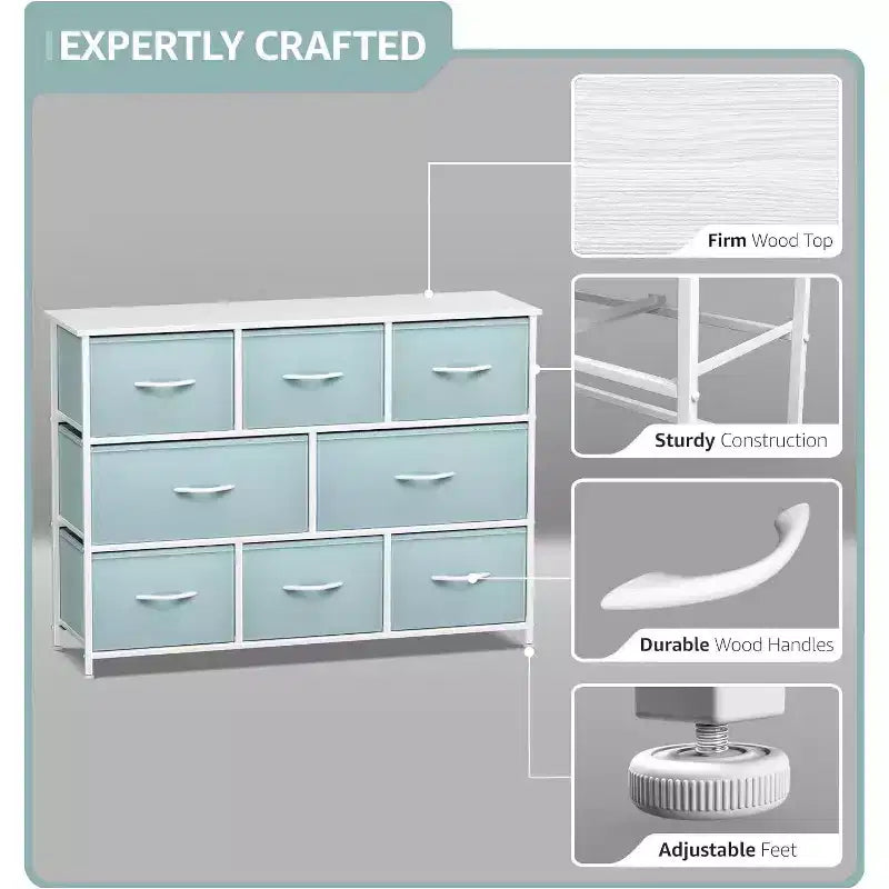 Commode large Sorbus à 8 tiroirs - Unité de rangement avec cadre en acier, plateau et poignée en bois, bacs en tissu - Idéale pour désencombrer la maison