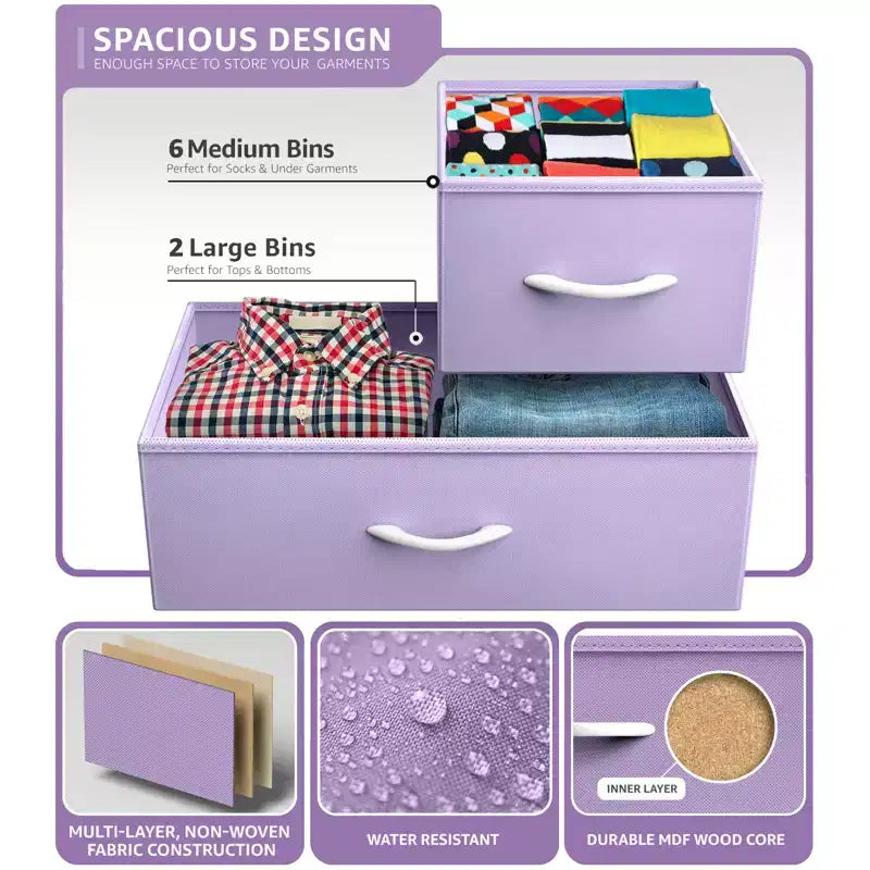 Commode large Sorbus à 8 tiroirs - Unité de rangement avec cadre en acier, plateau et poignée en bois, bacs en tissu - Idéale pour désencombrer la maison