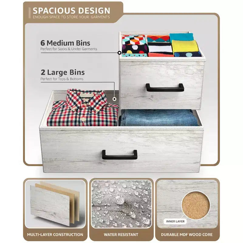 Commode large Sorbus à 8 tiroirs - Unité de rangement avec cadre en acier, plateau et poignée en bois, bacs en tissu - Idéale pour désencombrer la maison