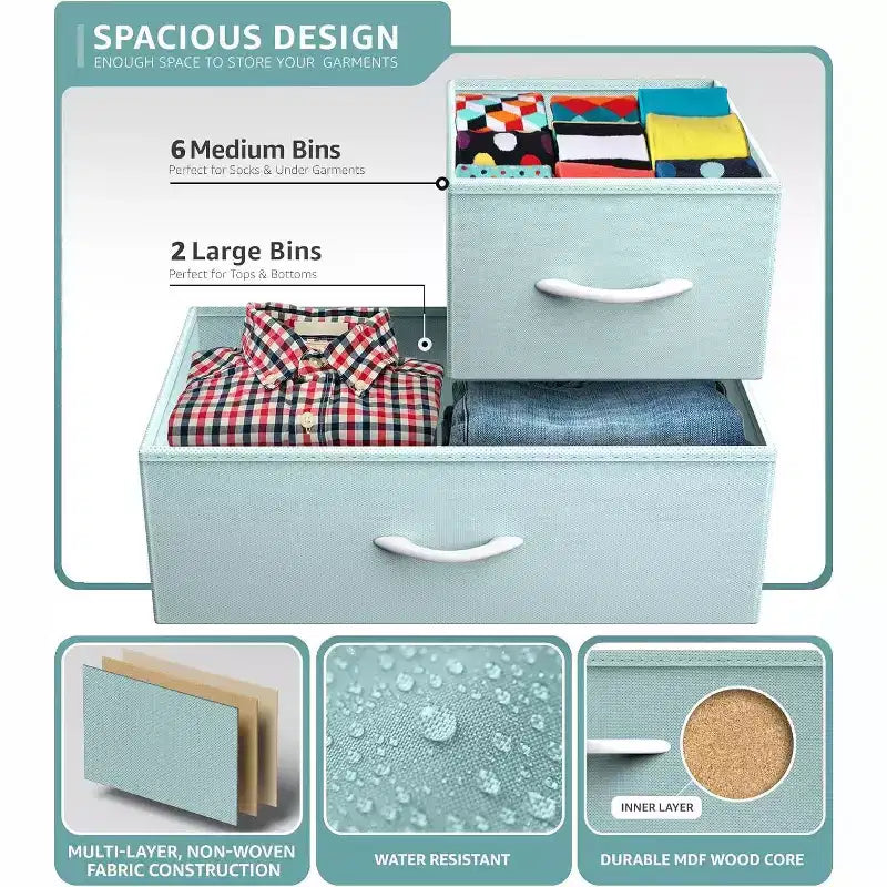 Commode large Sorbus à 8 tiroirs - Unité de rangement avec cadre en acier, plateau et poignée en bois, bacs en tissu - Idéale pour désencombrer la maison