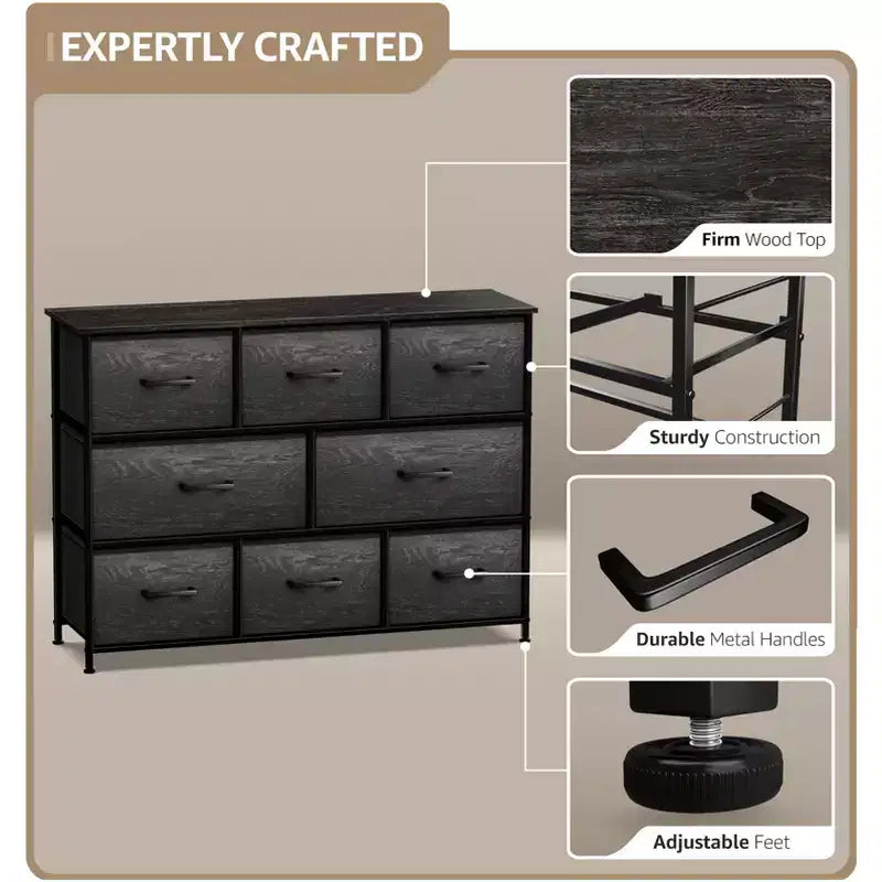 Commode large Sorbus à 8 tiroirs - Unité de rangement avec cadre en acier, plateau et poignée en bois, bacs en tissu - Idéale pour désencombrer la maison
