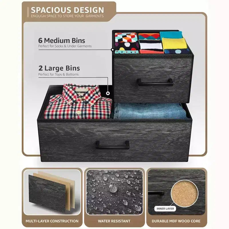 Commode large Sorbus à 8 tiroirs - Unité de rangement avec cadre en acier, plateau et poignée en bois, bacs en tissu - Idéale pour désencombrer la maison
