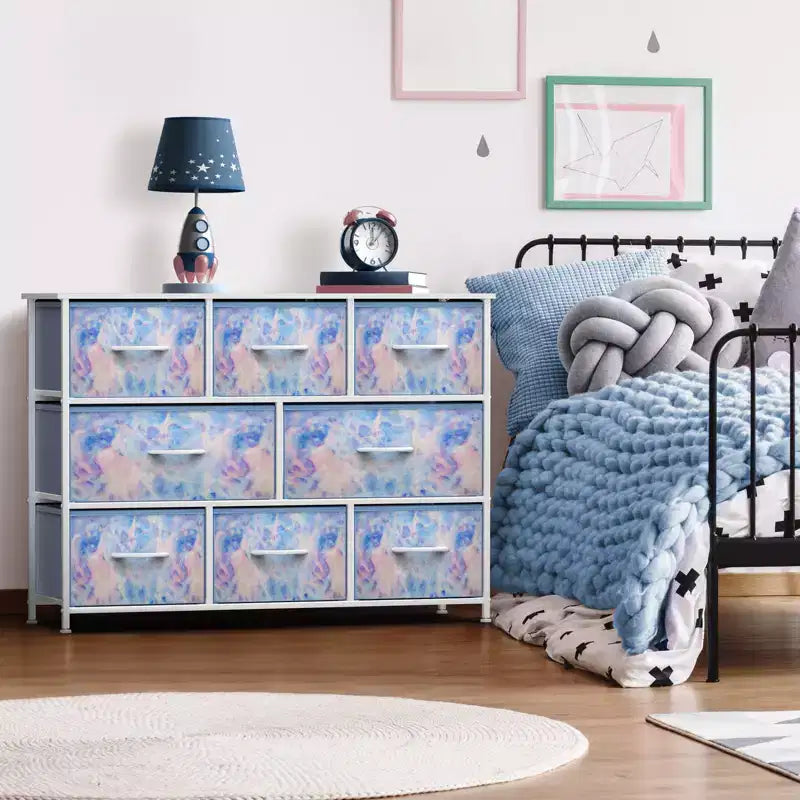 Commode large Sorbus à 8 tiroirs - Unité de rangement avec cadre en acier, plateau et poignée en bois, bacs en tissu - Idéale pour désencombrer la maison