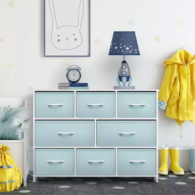 Commode large Sorbus à 8 tiroirs - Unité de rangement avec cadre en acier, plateau et poignée en bois, bacs en tissu - Idéale pour désencombrer la maison