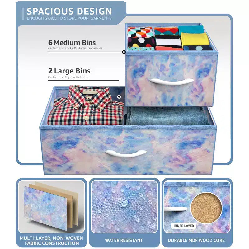 Commode large Sorbus à 8 tiroirs - Unité de rangement avec cadre en acier, plateau et poignée en bois, bacs en tissu - Idéale pour désencombrer la maison