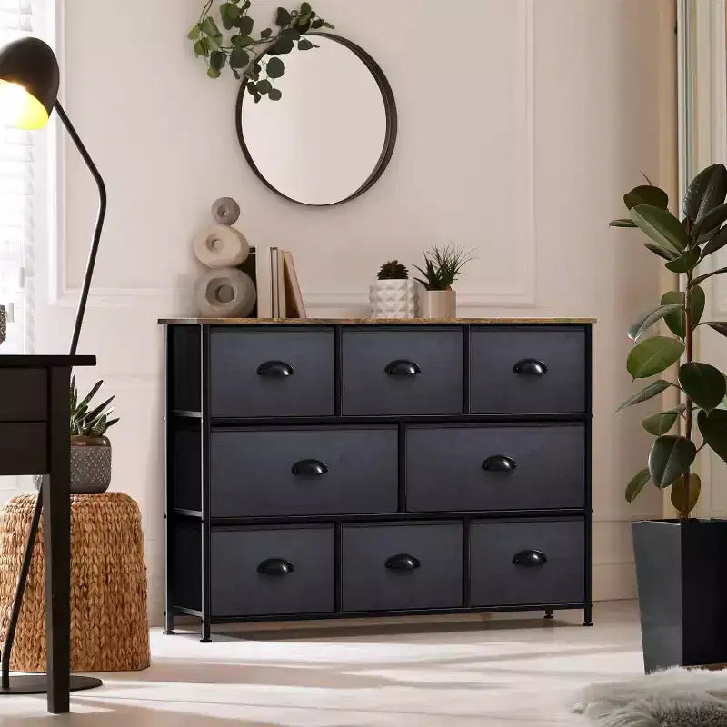 Commode large Sorbus à 8 tiroirs - Unité de rangement avec cadre en acier, plateau et poignée en bois, bacs en tissu - Idéale pour désencombrer la maison