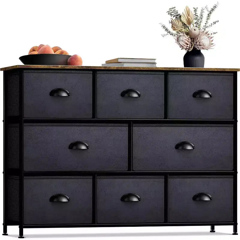 Commode large Sorbus à 8 tiroirs - Unité de rangement avec cadre en acier, plateau et poignée en bois, bacs en tissu - Idéale pour désencombrer la maison