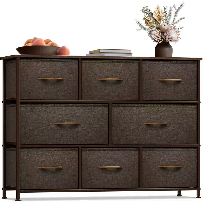 Commode large Sorbus à 8 tiroirs - Unité de rangement avec cadre en acier, plateau et poignée en bois, bacs en tissu - Idéale pour désencombrer la maison