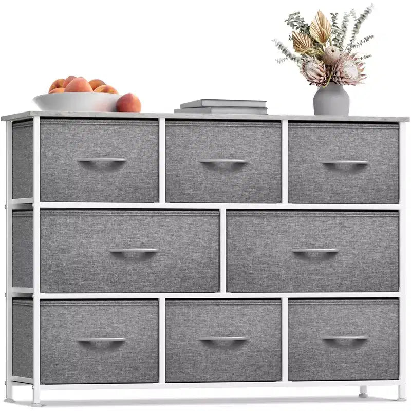 Commode large Sorbus à 8 tiroirs - Unité de rangement avec cadre en acier, plateau et poignée en bois, bacs en tissu - Idéale pour désencombrer la maison