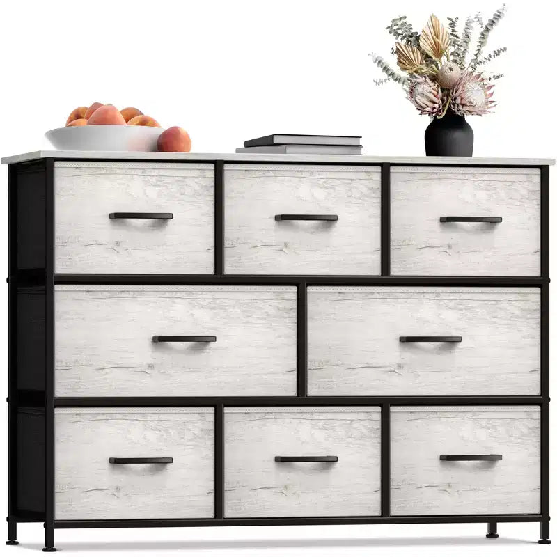 Commode large Sorbus à 8 tiroirs - Unité de rangement avec cadre en acier, plateau et poignée en bois, bacs en tissu - Idéale pour désencombrer la maison