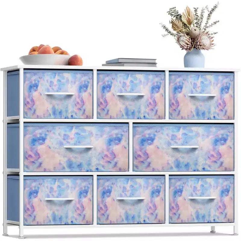 Commode large Sorbus à 8 tiroirs - Unité de rangement avec cadre en acier, plateau et poignée en bois, bacs en tissu - Idéale pour désencombrer la maison