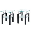 HomeRoots Set of Two Clear and Black Glass and Metal Square End Tables With Shelf