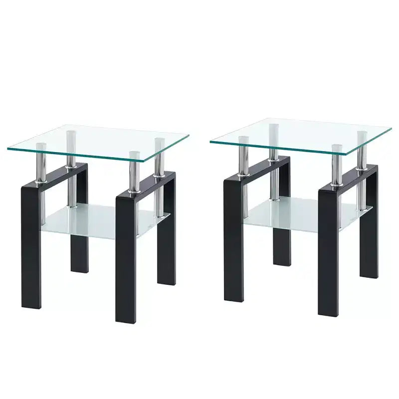 HomeRoots Set of Two Clear and Black Glass and Metal Square End Tables With Shelf