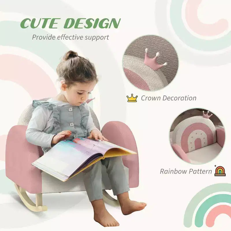Fauteuil à bascule Whisen Velvet pour enfants, fauteuil à bascule pour enfants avec décoration couronne, siège à bascule doux pour tout-petits - Rose
