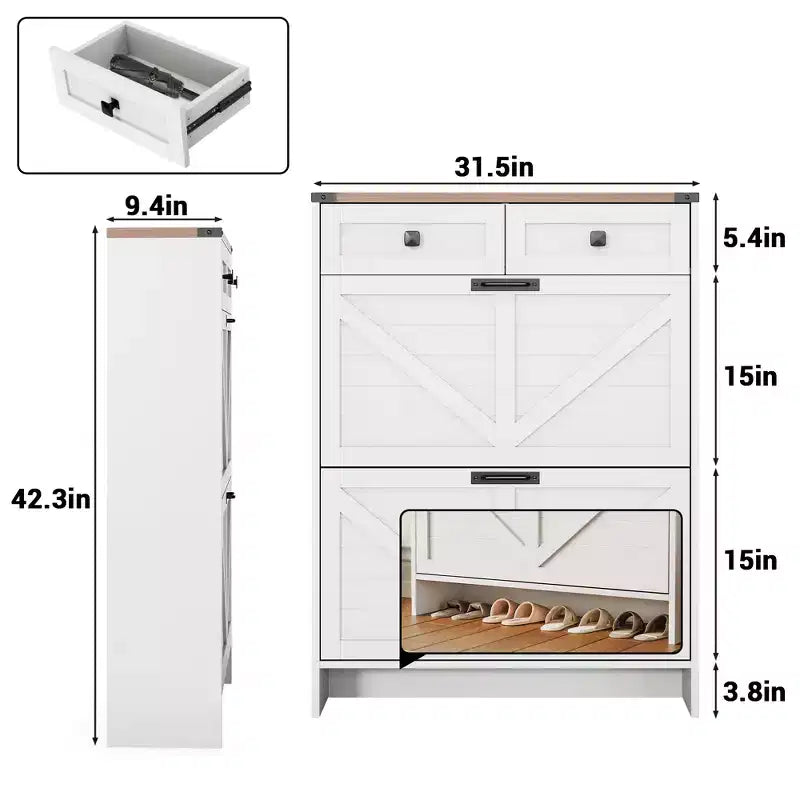 Meuble à chaussures avec 2 tiroirs abattants et 2 tiroirs de rangement, étagère de rangement étroite autonome, meuble de rangement à chaussures dissimulé en bois blanc