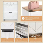 Meuble à chaussures avec 2 tiroirs abattants et 2 tiroirs de rangement, étagère de rangement étroite autonome, meuble de rangement à chaussures dissimulé en bois blanc
