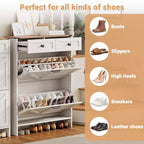 Meuble à chaussures avec 2 tiroirs abattants et 2 tiroirs de rangement, étagère de rangement étroite autonome, meuble de rangement à chaussures dissimulé en bois blanc