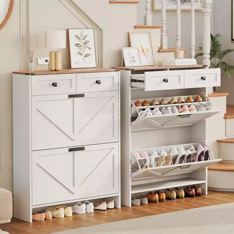 Meuble à chaussures avec 2 tiroirs abattants et 2 tiroirs de rangement, étagère de rangement étroite autonome, meuble de rangement à chaussures dissimulé en bois blanc