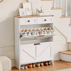 Meuble à chaussures avec 2 tiroirs abattants et 2 tiroirs de rangement, étagère de rangement étroite autonome, meuble de rangement à chaussures dissimulé en bois blanc