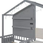 Lit cabane une place avec canapé rembourré, cadre de lit cabane en bois avec station de recharge, recharge sans fil, étagères et tiroirs