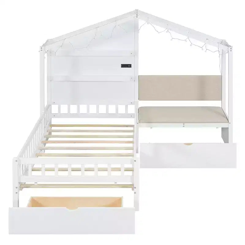 Lit cabane une place avec canapé rembourré, cadre de lit cabane en bois avec station de recharge, recharge sans fil, étagères et tiroirs