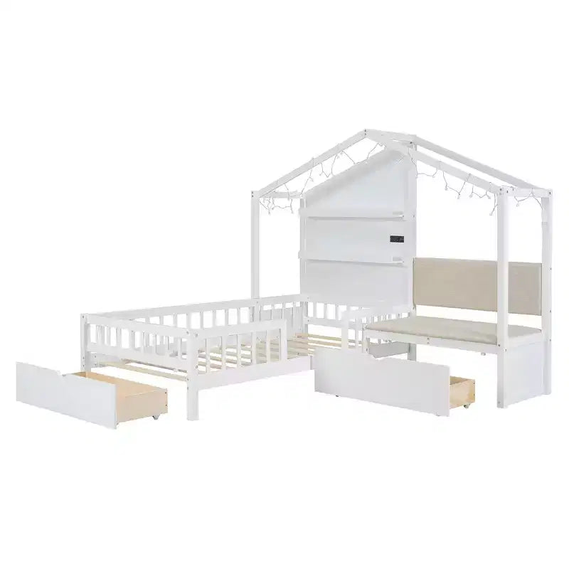 Lit cabane une place avec canapé rembourré, cadre de lit cabane en bois avec station de recharge, recharge sans fil, étagères et tiroirs