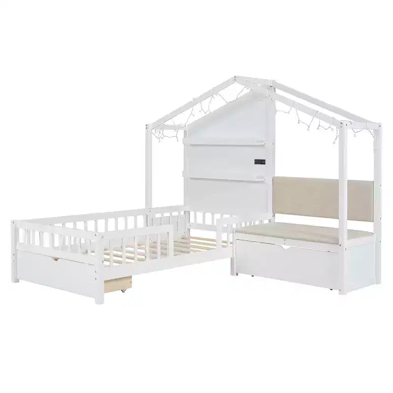 Lit cabane une place avec canapé rembourré, cadre de lit cabane en bois avec station de recharge, recharge sans fil, étagères et tiroirs