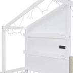 Lit cabane une place avec canapé rembourré, cadre de lit cabane en bois avec station de recharge, recharge sans fil, étagères et tiroirs
