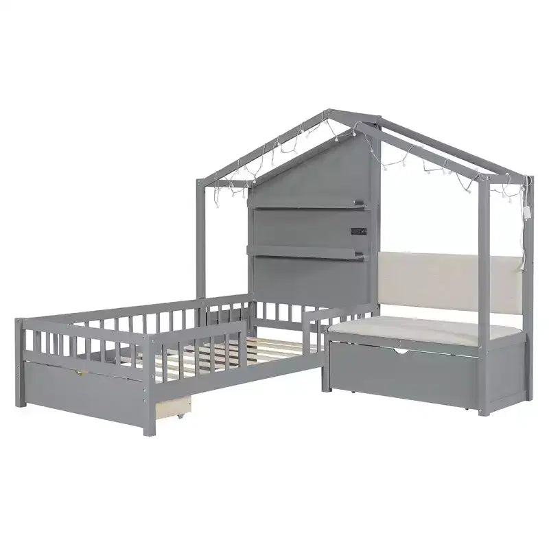 Lit cabane une place avec canapé rembourré, cadre de lit cabane en bois avec station de recharge, recharge sans fil, étagères et tiroirs