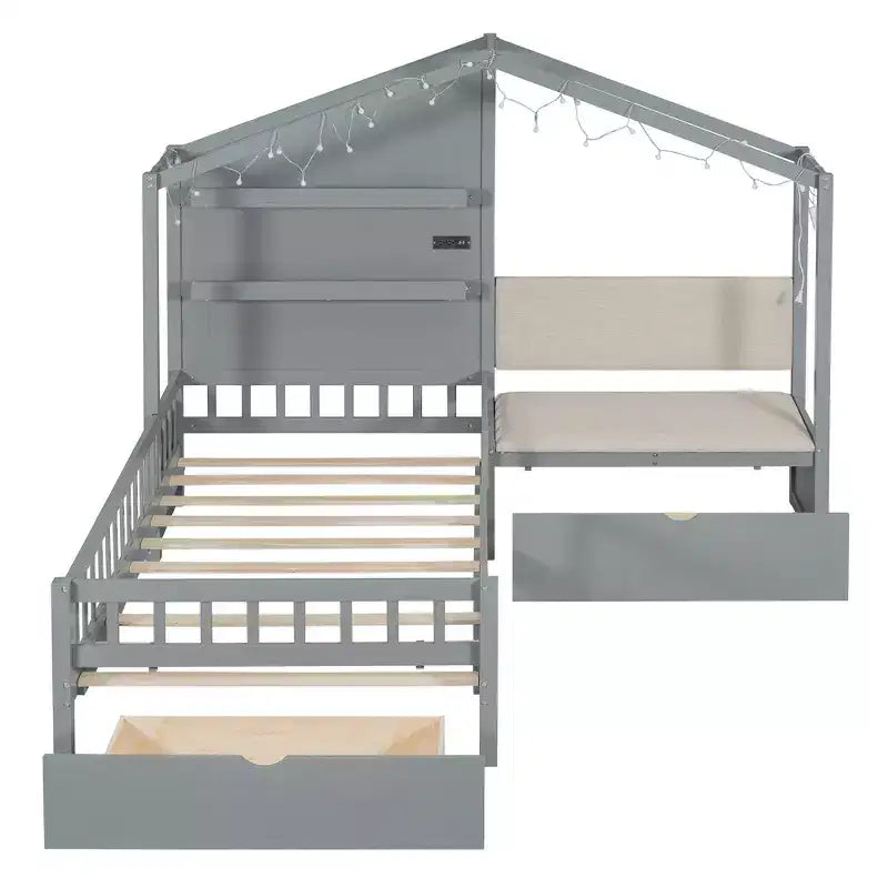 Lit cabane une place avec canapé rembourré, cadre de lit cabane en bois avec station de recharge, recharge sans fil, étagères et tiroirs