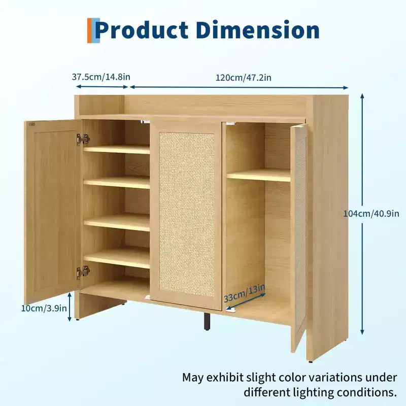 Meuble à chaussures, Meuble à chaussures en rotin pour entrée, Grand meuble à chaussures de 104 cm de haut, Meuble bohème avec portes pour salon et couloir