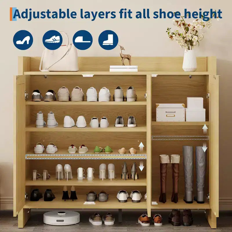 Meuble à chaussures, Meuble à chaussures en rotin pour entrée, Grand meuble à chaussures de 104 cm de haut, Meuble bohème avec portes pour salon et couloir