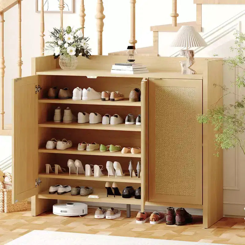 Meuble à chaussures, Meuble à chaussures en rotin pour entrée, Grand meuble à chaussures de 104 cm de haut, Meuble bohème avec portes pour salon et couloir