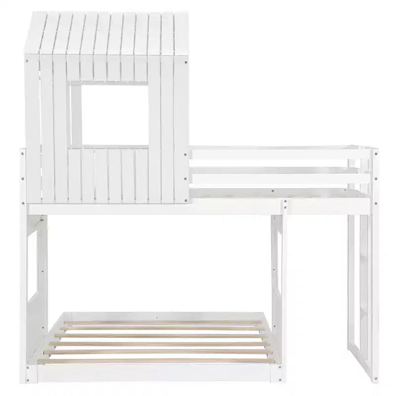 Bellemave Lit Superposé en Bois Twin-Full, Lit Mezzanine avec Aire de Jeu, Style Ferme, Échelle et Garde-corps, Blanc